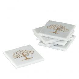 White Marble, Handmade Drink Serving Coasters Set of 6, Engraved Golden Tree of Life Design, 10Χ10cm