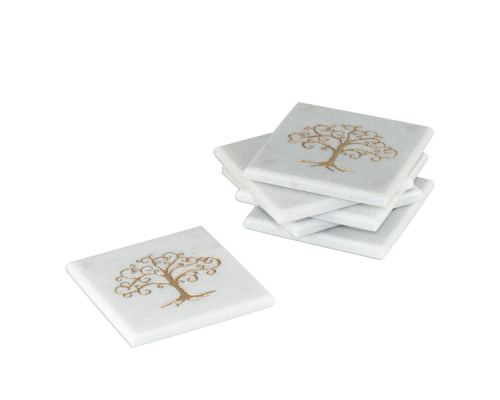 White Marble, Handmade Drink Serving Coasters Set of 6, Engraved Golden Tree of Life Design, 10Χ10cm