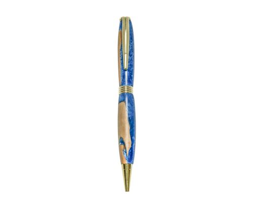 Ballpoint Pen, Handmade of Olive Wood & Blue Color Epoxy Resin, "Hermes" Design, 3