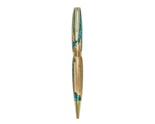 Ballpoint Pen, Handmade of Olive Wood & Green Color Epoxy Resin, "Hermes" Design, 3