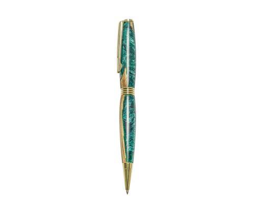Ballpoint Pen, Handmade of Olive Wood & Green Color Epoxy Resin, "Hermes" Design, 2