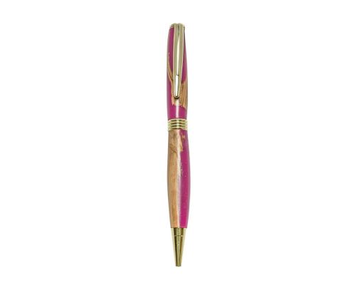 Ballpoint Pen, Handmade of Olive Wood & Pink Color Epoxy Resin, "Hermes" Design, 3