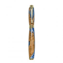 Fountain Pen, Handmade of Olive Wood & Blue Color Epoxy Resin, "Lexis" Design, 3