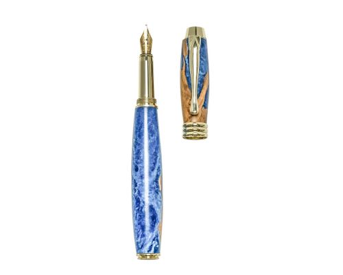Fountain Pen, Handmade of Olive Wood & Blue Color Epoxy Resin, "Lexis" Design, 2