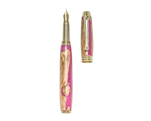 Fountain Pen, Handmade of Olive Wood & Pink Color Epoxy Resin, "Lexis" Design, 2