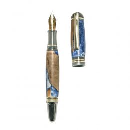 Fountain Pen, Handmade of Olive Wood & Blue Color Epoxy Resin, "Praxis" Design, 2