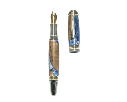 Fountain Pen, Handmade of Olive Wood & Blue Color Epoxy Resin, "Praxis" Design, 2