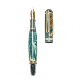 Fountain Pen, Handmade of Olive Wood & Green Color Epoxy Resin, "Praxis" Design, 2