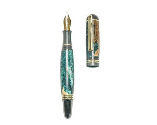 Fountain Pen, Handmade of Olive Wood & Green Color Epoxy Resin, "Praxis" Design, 2