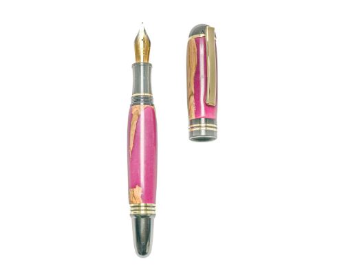 Fountain Pen, Handmade of Olive Wood & Pink Color Epoxy Resin, "Praxis" Design, 2