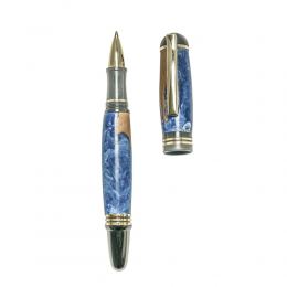 Rollerball Pen, Handmade of Olive Wood & Blue Color Epoxy Resin, "Praxis" Design, 2