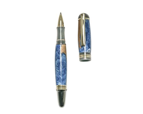Rollerball Pen, Handmade of Olive Wood & Blue Color Epoxy Resin, "Praxis" Design, 2