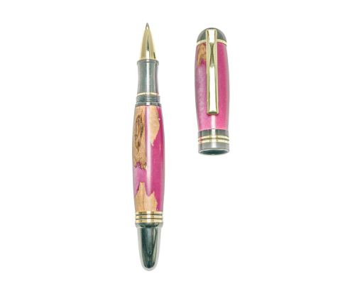 Rollerball Pen, Handmade of Olive Wood & Pink Color Epoxy Resin, "Praxis" Design, 2