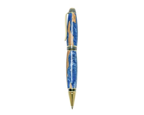 Ballpoint Pen, Handmade of Olive Wood & Blue Color Epoxy Resin, "Zeus" Design, 2