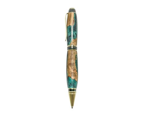 Ballpoint Pen, Handmade of Olive Wood & Green Color Epoxy Resin, "Zeus" Design, 2