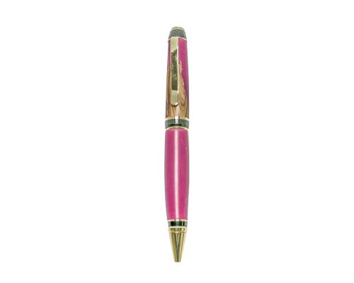 Ballpoint Pen, Handmade of Olive Wood & Pink Color Epoxy Resin, "Zeus" Design, 3