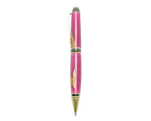 Ballpoint Pen, Handmade of Olive Wood & Pink Color Epoxy Resin, "Zeus" Design, 2