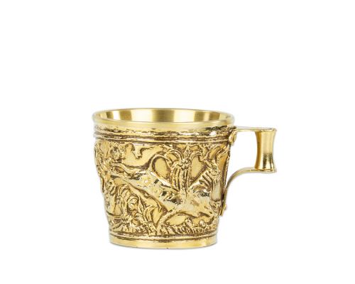 Ancient Greek Cup. Handmade of Gold Plated Copper - "Vapheio Lakonias" 15 Century B.C. Museum Copy - Wild Animals Design. Large Size