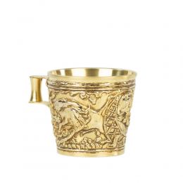 Ancient Greek Cup. Handmade of Gold Plated Copper - "Vapheio Lakonias" 15 Century B.C. Museum Copy - Wild Animals Design. Large Size