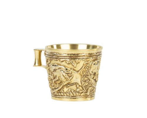 Ancient Greek Cup. Handmade of Gold Plated Copper - "Vapheio Lakonias" 15 Century B.C. Museum Copy - Wild Animals Design. Large Size