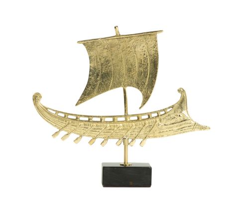 Ancient Greek Trireme Warship, Table Sculpture - Solid Brass on Black Marble - Handmade Decor Creation - 26cm (10.2")