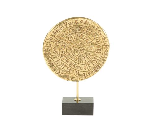 Phaistos Disc or Festos Disk, Table Sculpture - Solid Brass on Black Marble - Handmade Decor Creation - 22cm (8.7")