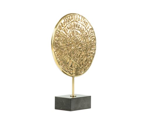 Phaistos Disc or Festos Disk, Table Sculpture - Solid Brass on Black Marble - Handmade Decor Creation - 22cm (8.7")