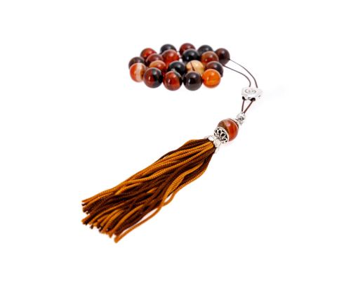 Multicolor Agate Gemstone, Handmade Greek Worry Beads or Komboloi, Alpaca Metal Parts on a Pure Silk Cord & Tassel