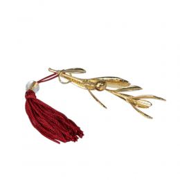 Olive Branch, Real Natural Plant, 24 Karat Gold Plated, Handmade Decorative Ornament, Red Silk Tassel