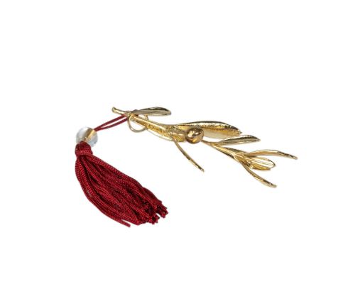 Olive Branch, Real Natural Plant, 24 Karat Gold Plated, Handmade Decorative Ornament, Red Silk Tassel