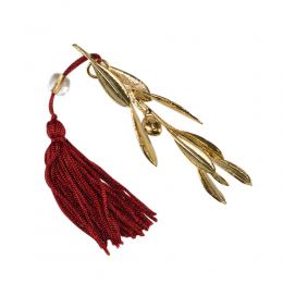 Olive Branch, Real Natural Plant, 24 Karat Gold Plated, Handmade Decorative Ornament, Red Silk Tassel