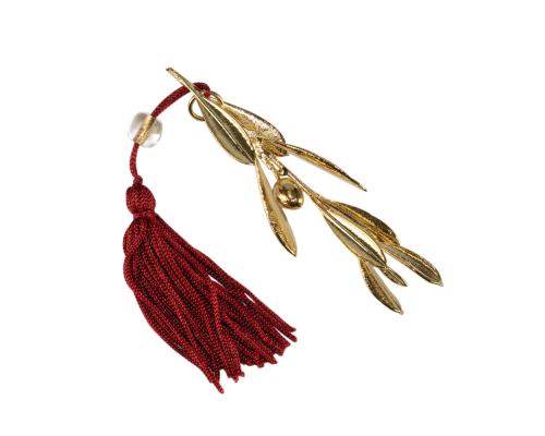 Olive Branch, Real Natural Plant, 24 Karat Gold Plated, Handmade Decorative Ornament, Red Silk Tassel