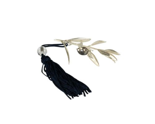 Olive Branch - Real Natural Plant 925 Sterling Silver Plated - Handmade Decorative Ornament, Blue Silk Tassel