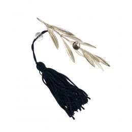 Olive Branch - Real Natural Plant 925 Sterling Silver Plated - Handmade Decorative Ornament, Blue Silk Tassel