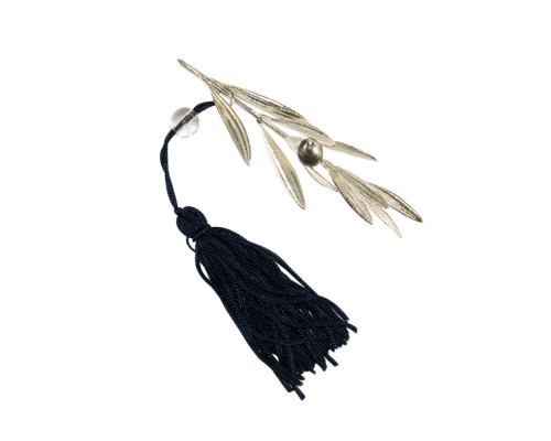 Olive Branch - Real Natural Plant 925 Sterling Silver Plated - Handmade Decorative Ornament, Blue Silk Tassel