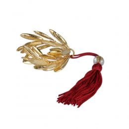 Olive Wreath, Real Natural Plant, 24 Karat Gold Plated - Handmade Decor Ornament, Red Silk Tassel