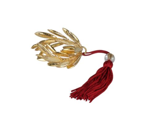 Olive Wreath, Real Natural Plant, 24 Karat Gold Plated - Handmade Decor Ornament, Red Silk Tassel