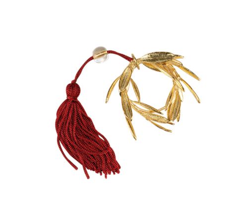 Olive Wreath, Real Natural Plant, 24 Karat Gold Plated - Handmade Decor Ornament, Red Silk Tassel