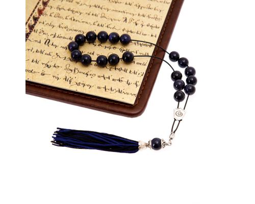 Blue Chrysolite - Goldstone Gemstone, Handmade Greek Worry Beads or Komboloi, Alpaca Metal Parts on a Pure Silk Cord & Tassel