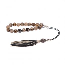 Grey & Clear Agate Gemstone, Handmade Greek Worry Beads or Komboloi, Alpaca Metal Parts on a Pure Silk Cord & Tassel