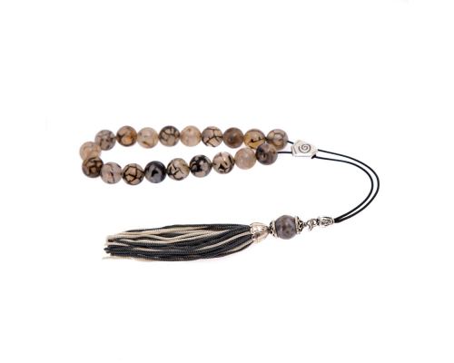 Grey & Clear Agate Gemstone, Handmade Greek Worry Beads or Komboloi, Alpaca Metal Parts on a Pure Silk Cord & Tassel