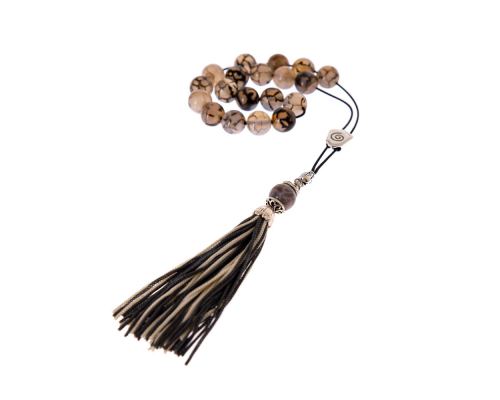 Grey & Clear Agate Gemstone, Handmade Greek Worry Beads or Komboloi, Alpaca Metal Parts on a Pure Silk Cord & Tassel