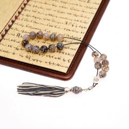 Grey & Clear Agate Gemstone, Handmade Greek Worry Beads or Komboloi, Alpaca Metal Parts on a Pure Silk Cord & Tassel