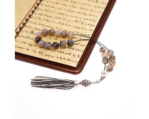 Grey & Clear Agate Gemstone, Handmade Greek Worry Beads or Komboloi, Alpaca Metal Parts on a Pure Silk Cord & Tassel