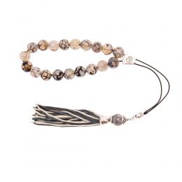 Grey & Clear Agate Gemstone, Handmade Greek Worry Beads or Komboloi, Alpaca Metal Parts on a Pure Silk Cord & Tassel