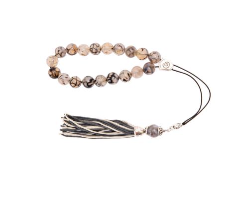 Grey & Clear Agate Gemstone, Handmade Greek Worry Beads or Komboloi, Alpaca Metal Parts on a Pure Silk Cord & Tassel