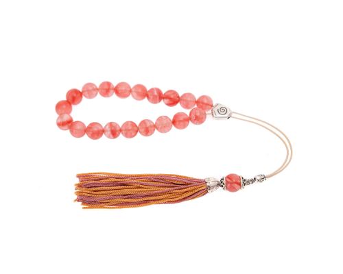 Pink Quartz Gemstone, Handmade Greek Worry Beads or Komboloi, Alpaca Metal Parts on a Pure Silk Cord & Tassel