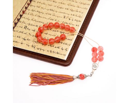 Pink Quartz Gemstone, Handmade Greek Worry Beads or Komboloi, Alpaca Metal Parts on a Pure Silk Cord & Tassel