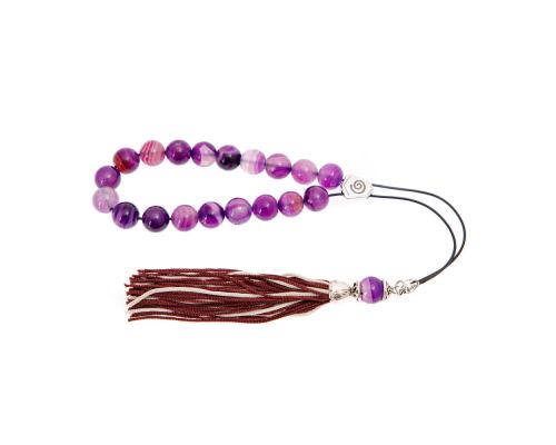 Purple Agate Gemstone, Handmade Greek Worry Beads or Komboloi, Alpaca Metal Parts on a Pure Silk Cord & Tassel