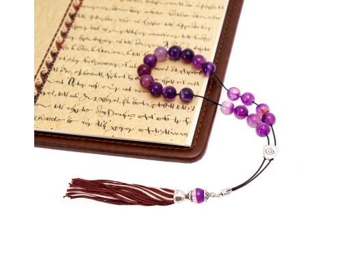 Purple Agate Gemstone, Handmade Greek Worry Beads or Komboloi, Alpaca Metal Parts on a Pure Silk Cord & Tassel